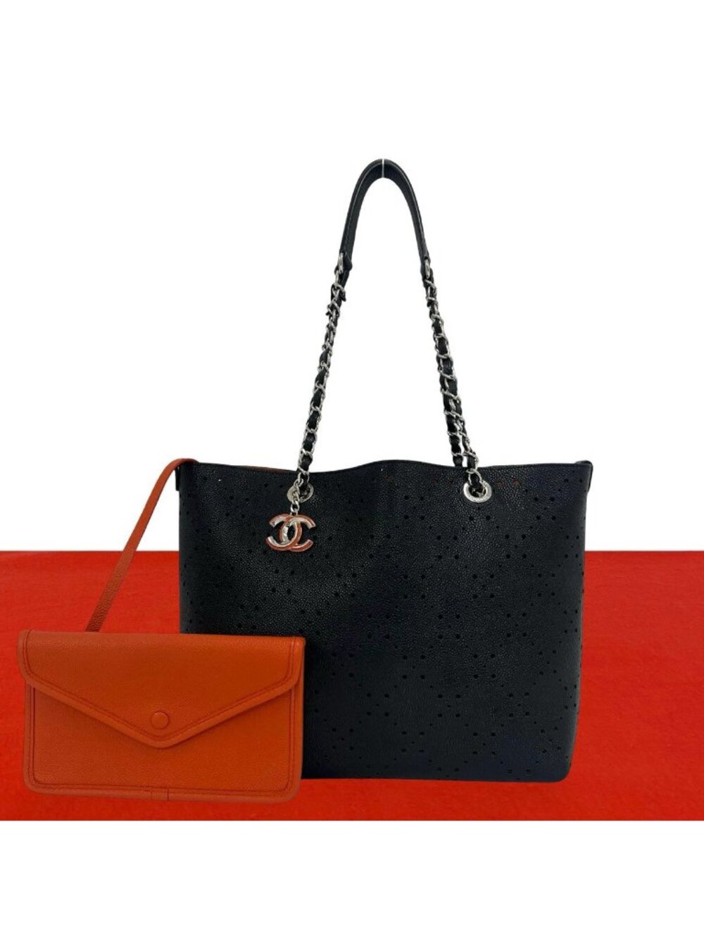 Chanel Punched Caviar Leather Chain Tote Black Orange